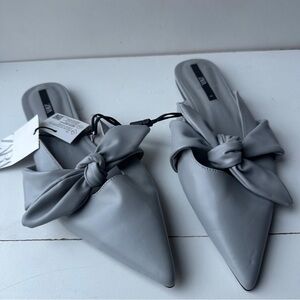 NEW Zara Gray Bow Pointed Toe Mules Flat Slide Shoes Sandals Size 41 US 10 NWT